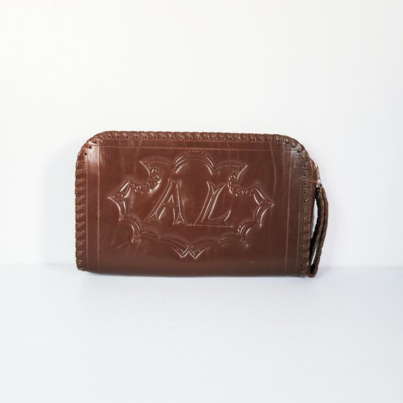 Vintage Tooled Leather Wristlet Bag, Brown Leather Bag, Heavy Leather Hippie Bag - Picture 2 of 7